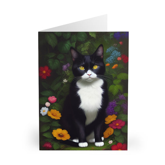 Black and White Cat Floral Greeting Cards (5 Pack)