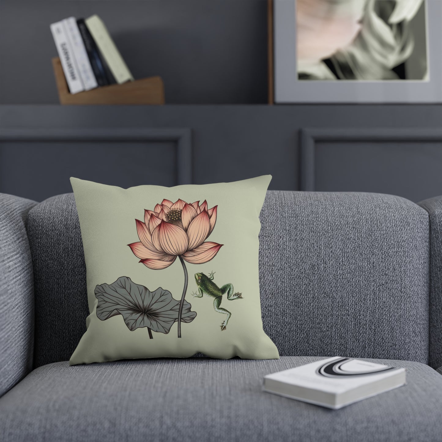 Water Lily and Frog Green Cushion