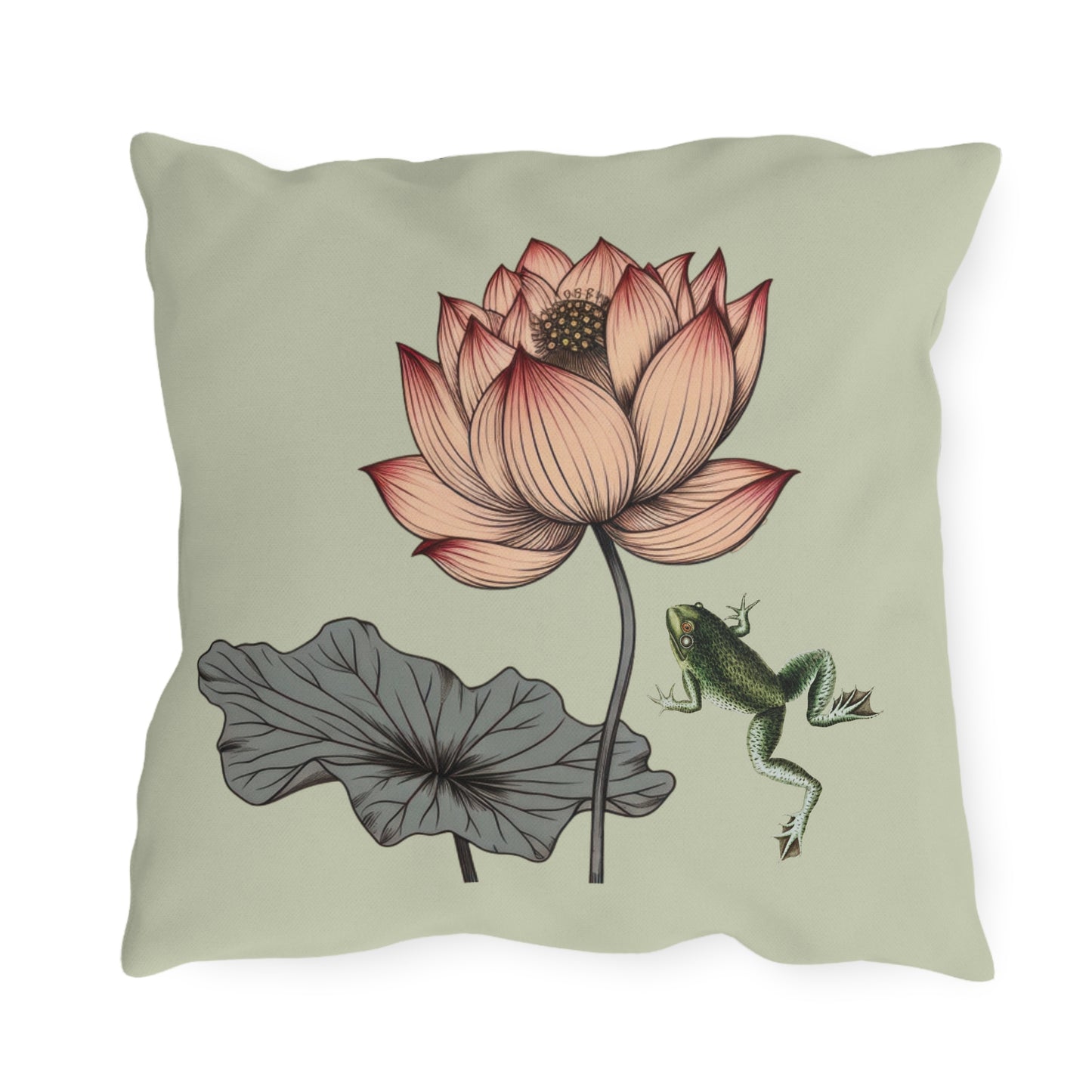 Water Lily and Frog Green Outdoor Pillow