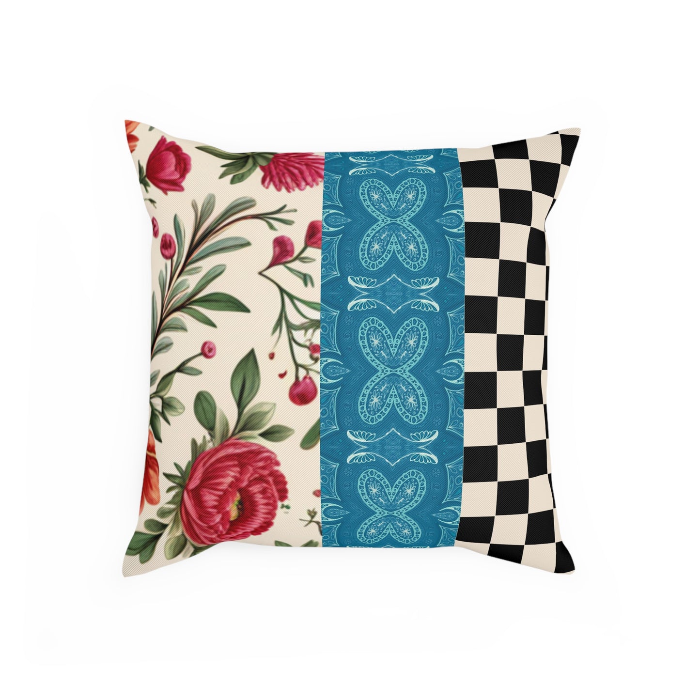 Maximalist Red Floral Checkered Cushion