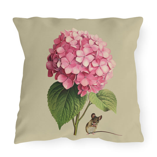 Pink Hydrangea Mouse Vintage Outdoor Cushion Waterproof Throw Pillow