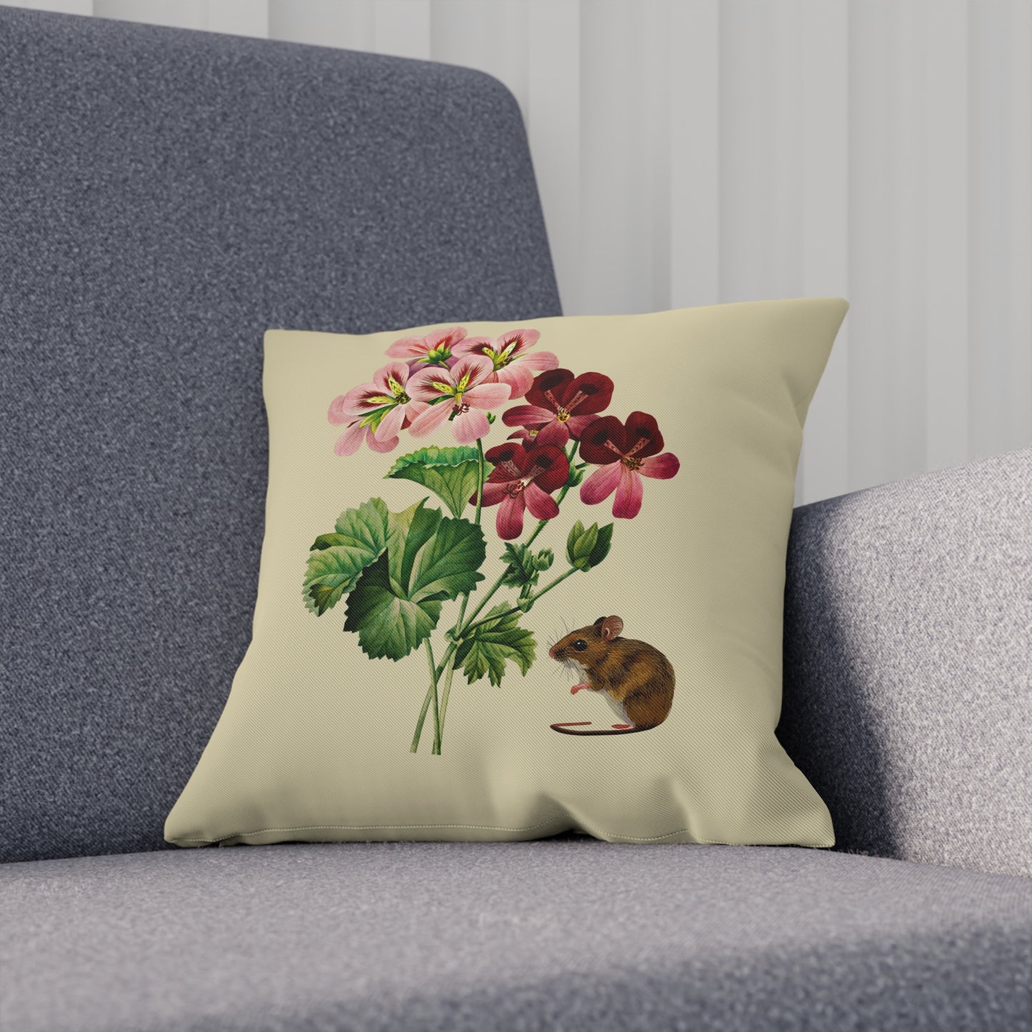 Floral Geraniums and Mouse Vintage Throw Pillow 100% Cotton Cushion Cover