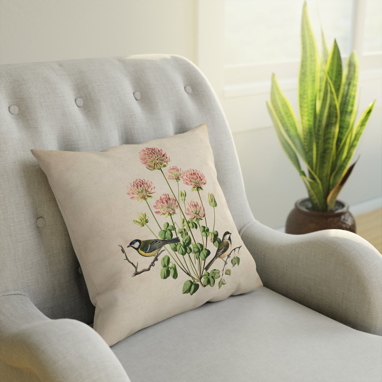 Pink Clover and Garden Birds Cushion