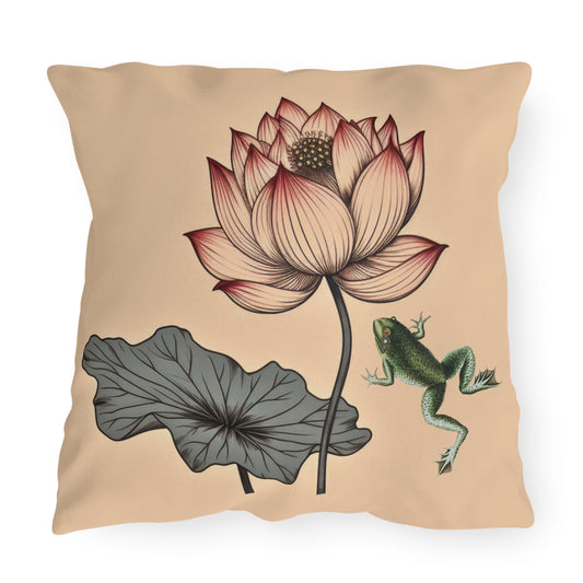 Water Lily and Frog Outdoor Pillow