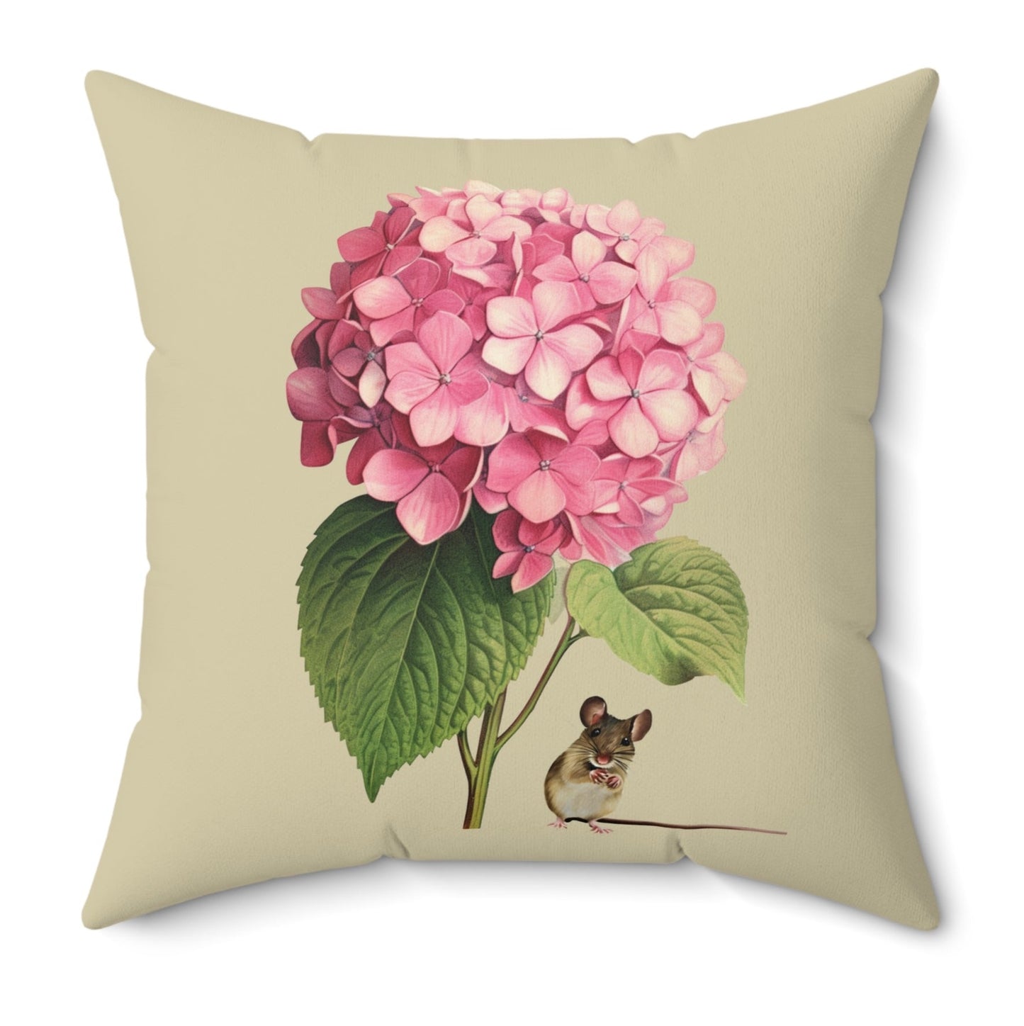 Pink Hydrangeas Mouse Vintage Floral Throw Pillow Square Cushion Polyester Cover 