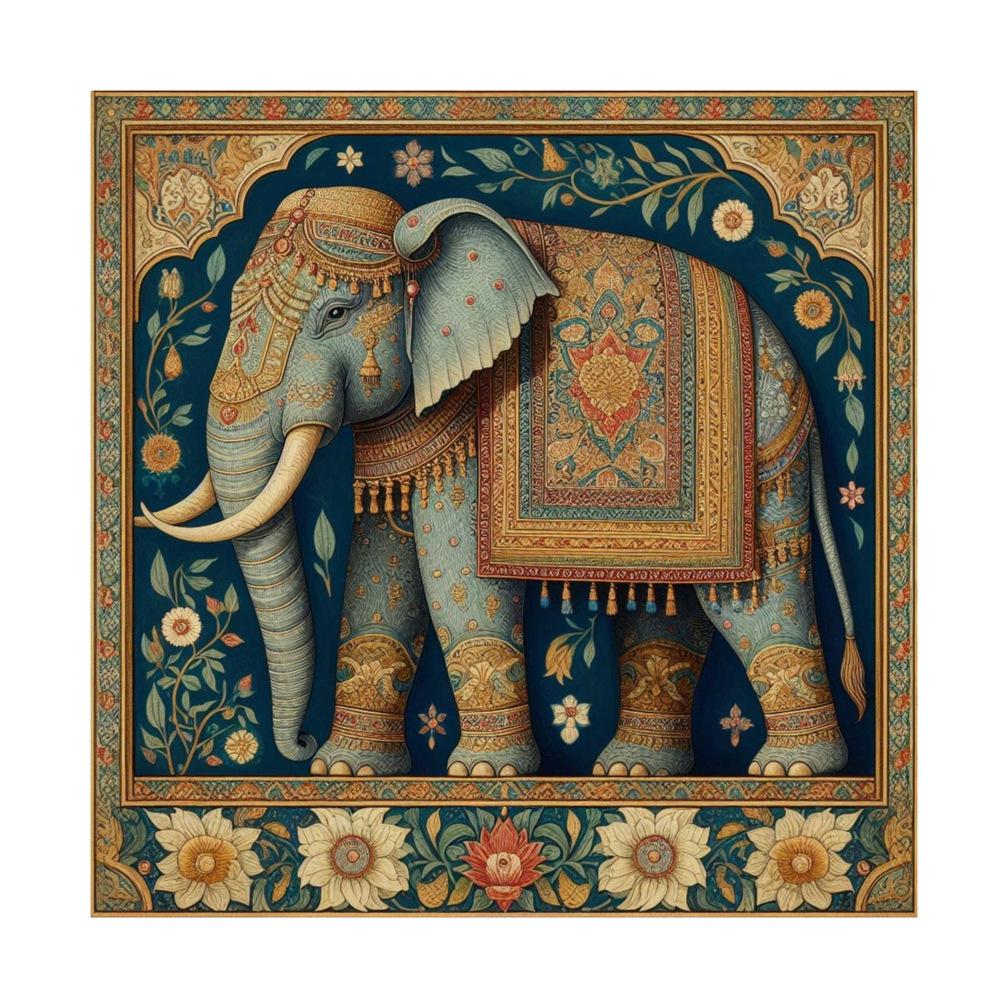 Floral Gold Elephant Vintage Mughal Miniature Indian Folk Painting Aesthetic Wall Art Poster Print  - Museum Quality Matte Paper 