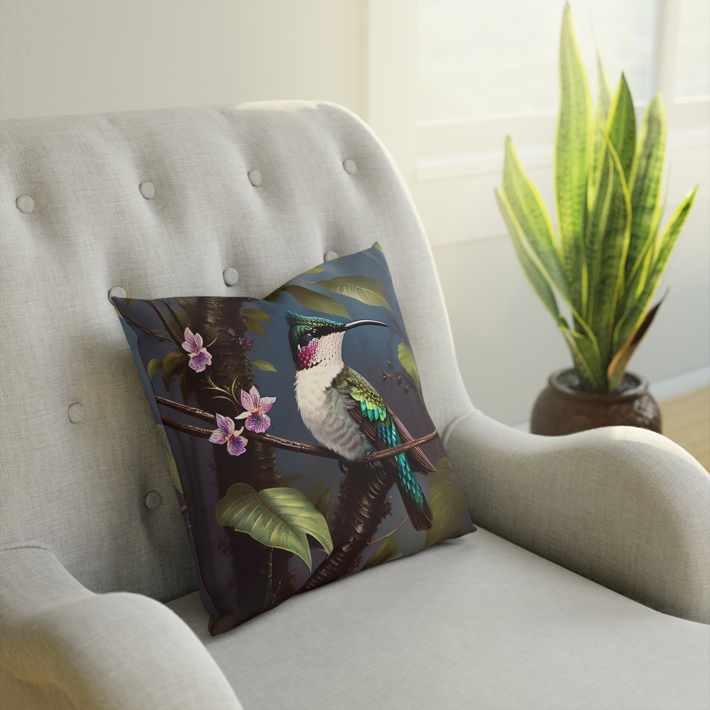 Tropical Botanical Hummingbird Cushion