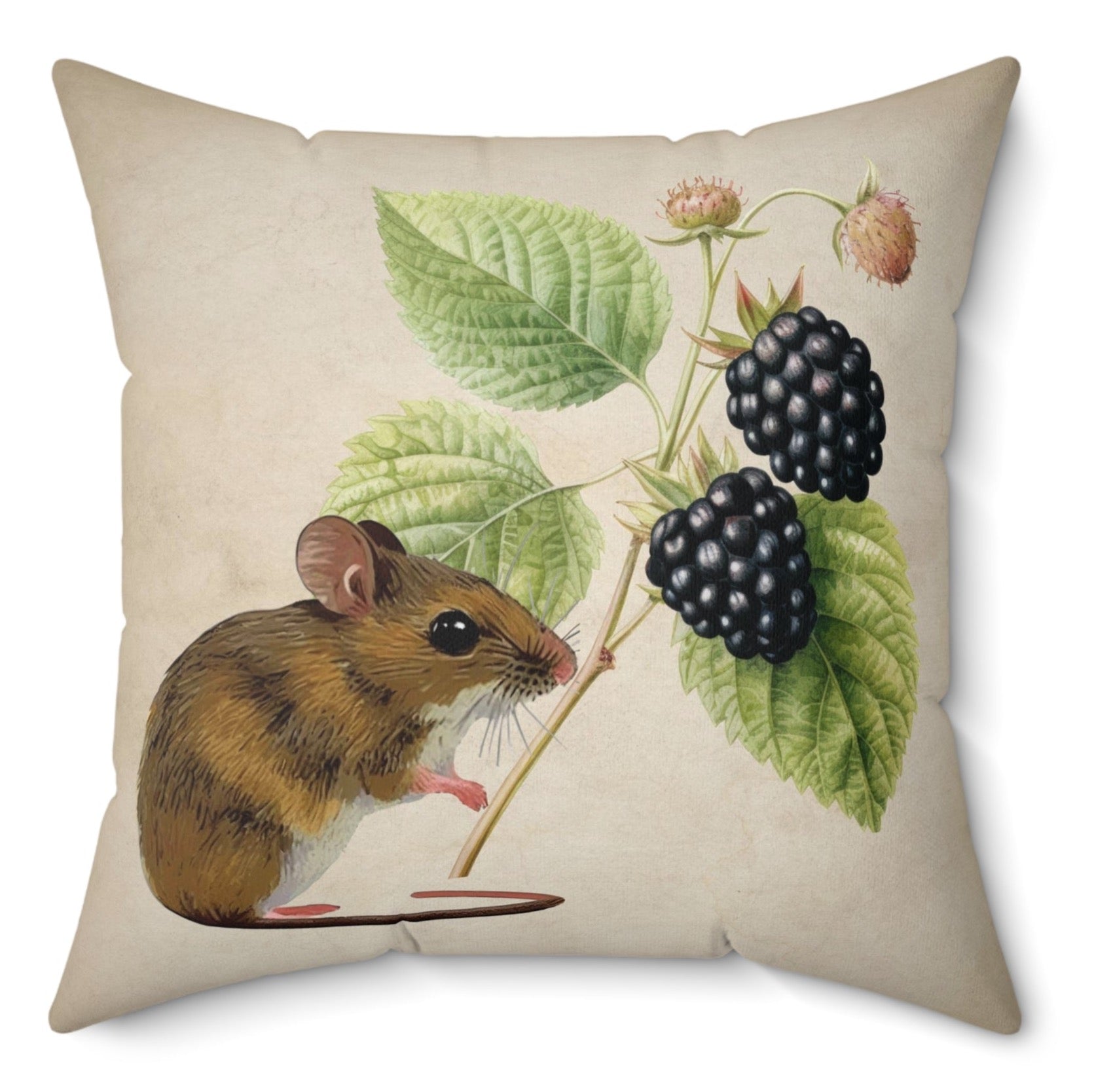 Mouse and Blackberry Vintage Botanical Cushion Throw Pillow Polyester Square Cover
