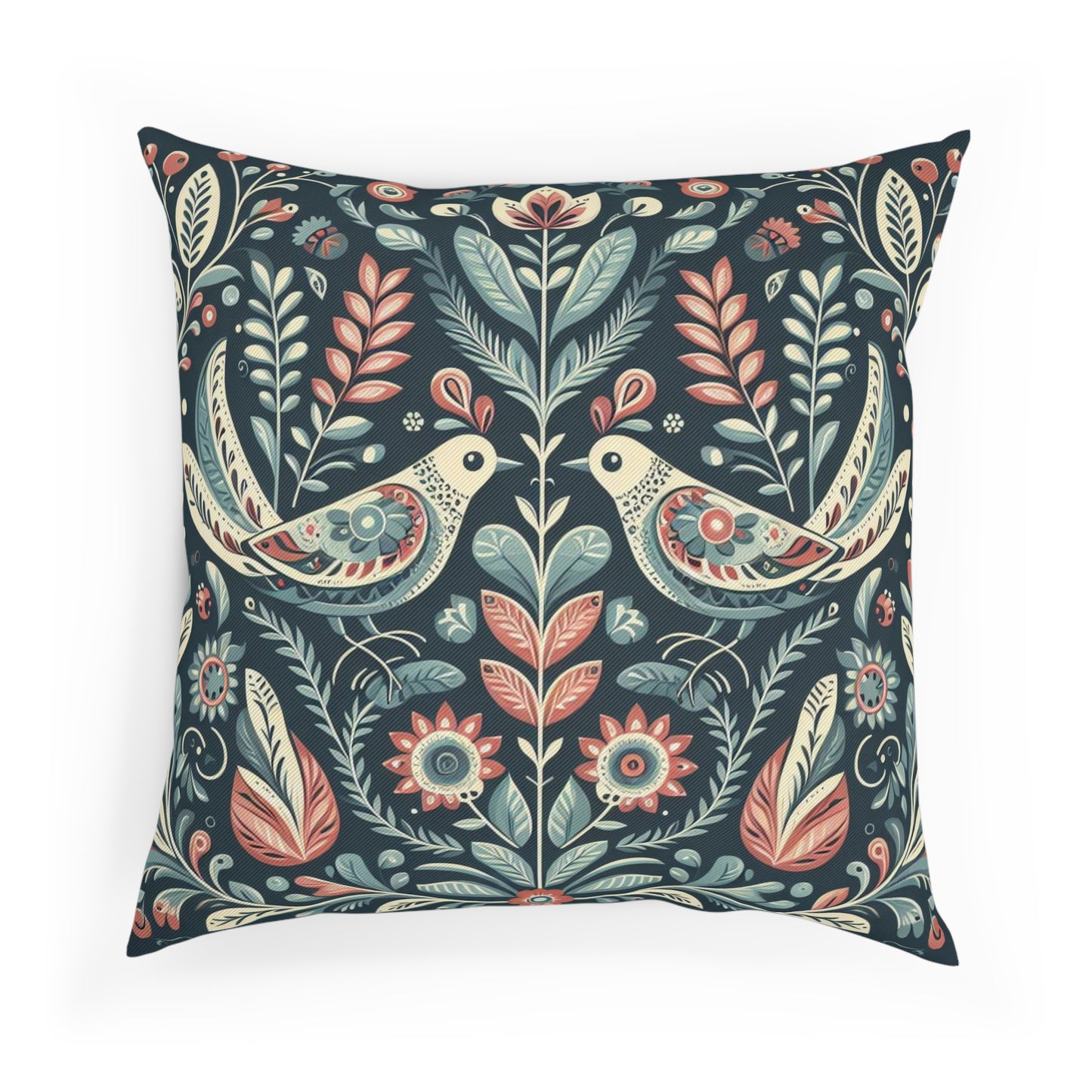 Blue Pink Birds Scandinavian Folk Art Cushion