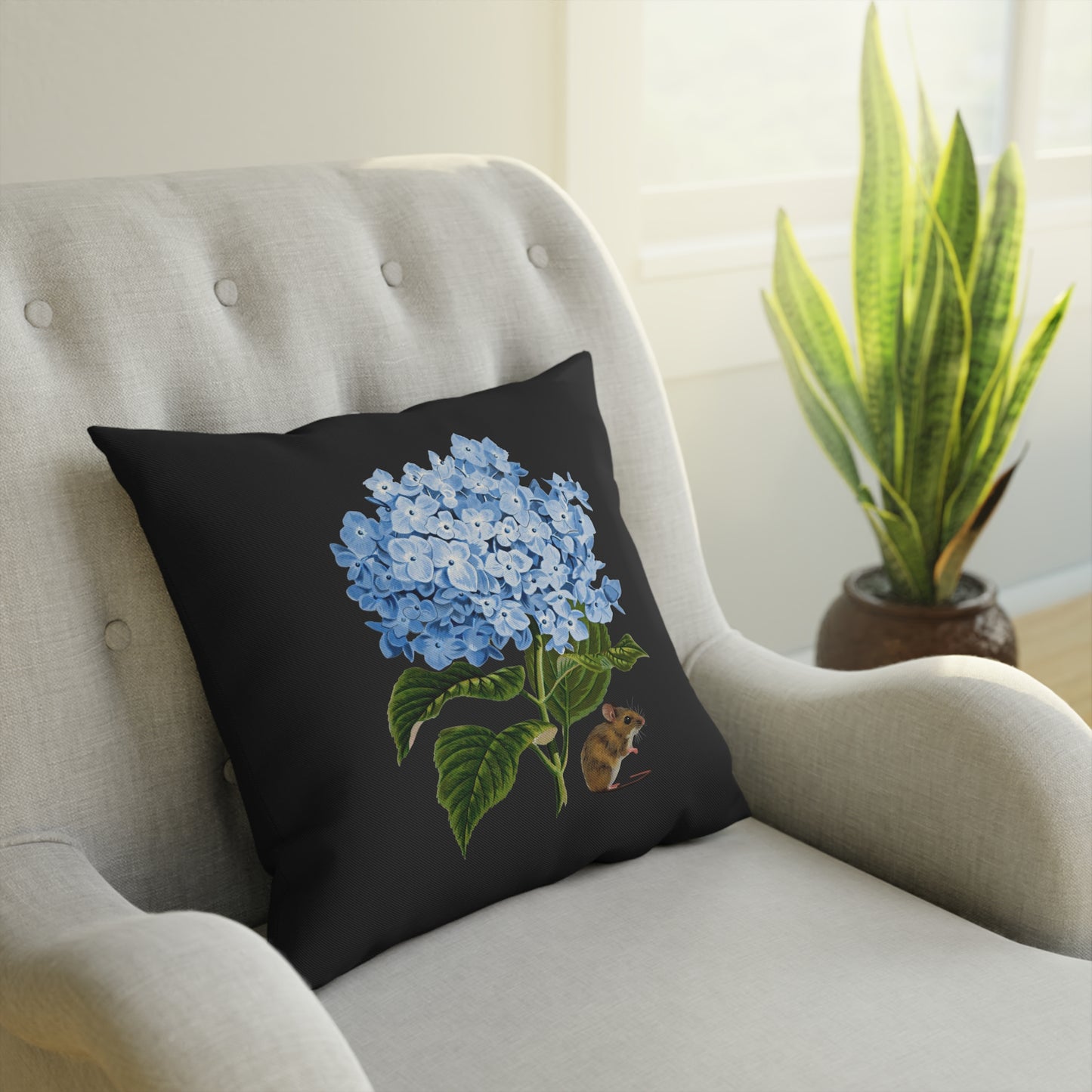 Blue Hydrangea Mouse Black Cushion