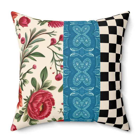 Red Floral Checkered Maximalist Vintage Style Cushion Throw Pillow Polyester Square Cover