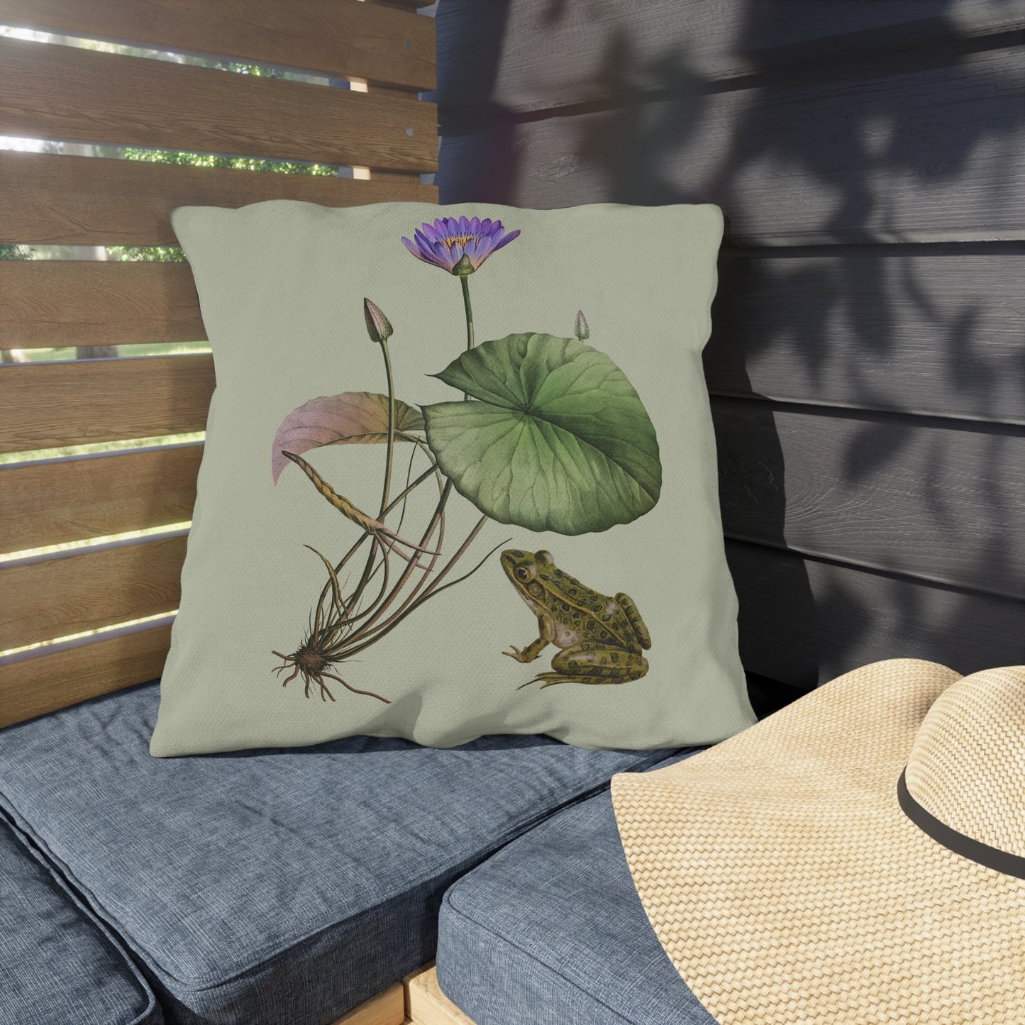 Frog and Water Lily Green Outdoor Pillow