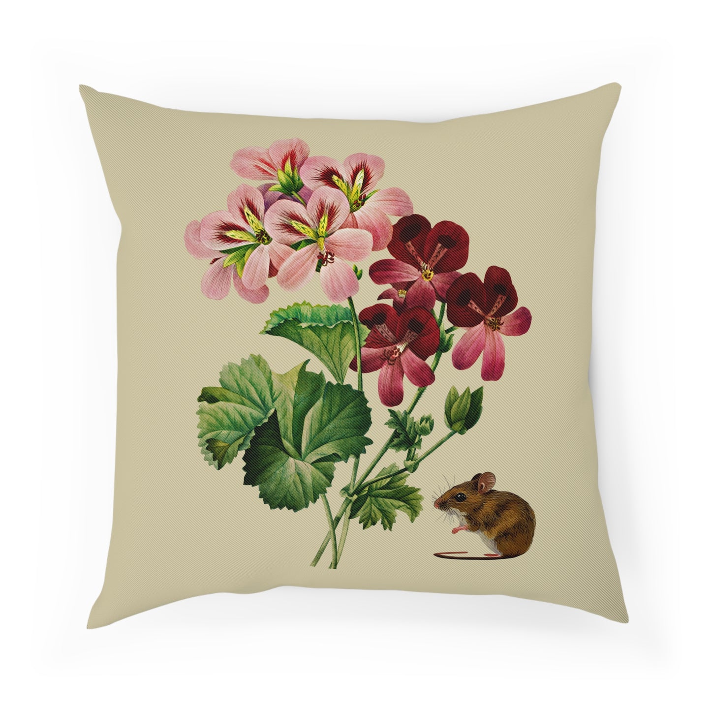 Geraniums and Mouse Cotton Cushion