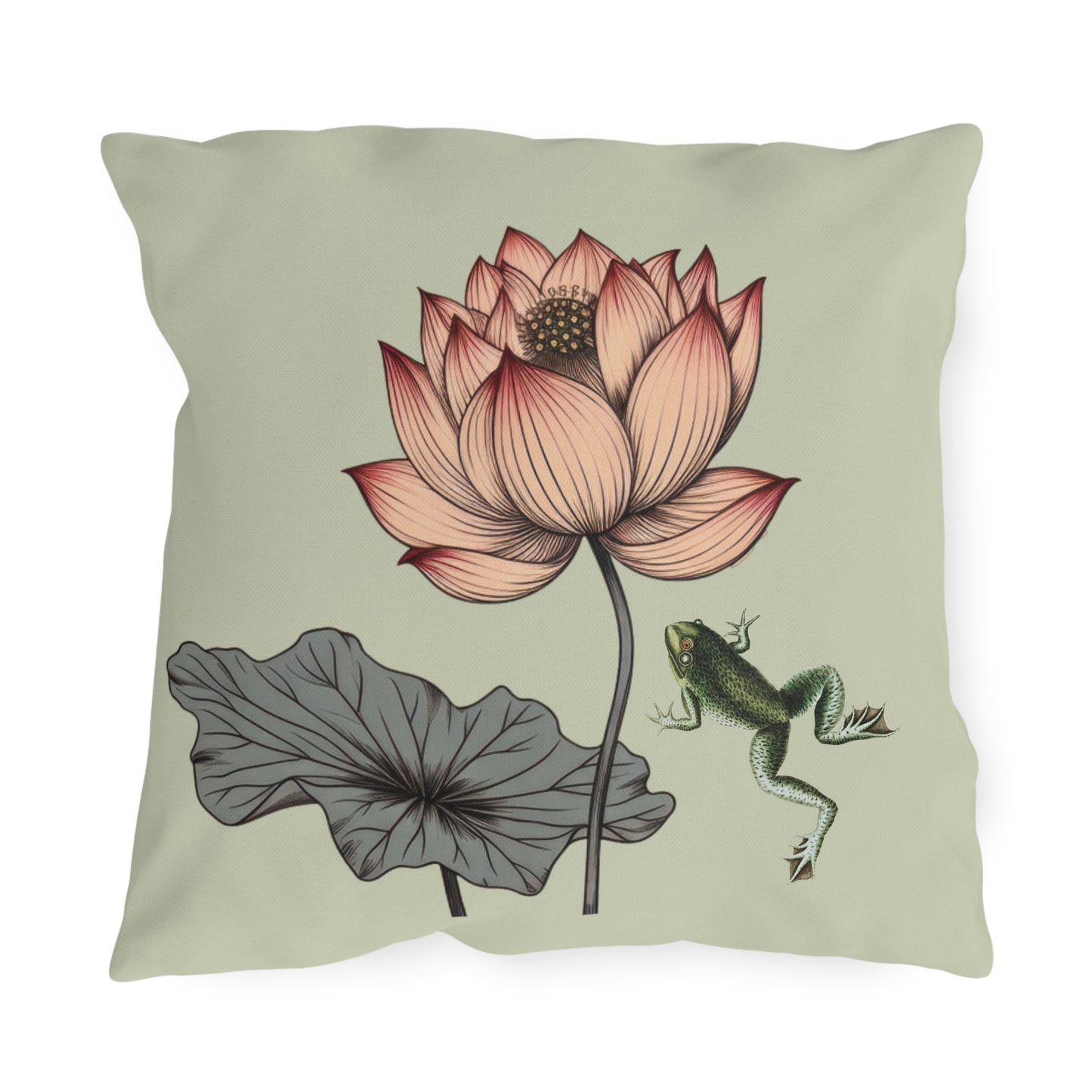 Water Lily and Frog Green Outdoor Pillow