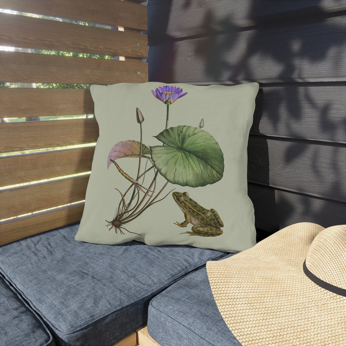 Frog and Water Lily Green Outdoor Pillow