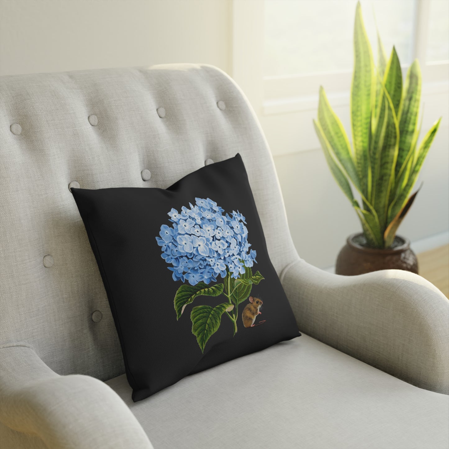 Blue Hydrangea Mouse Black Cushion