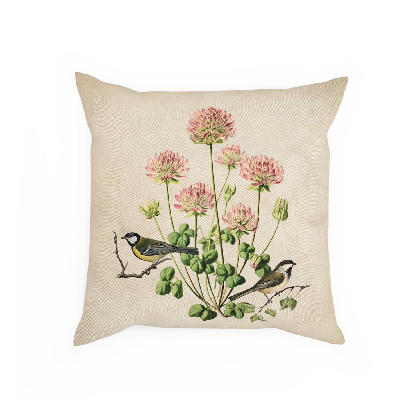 Pink Clover and Garden Birds Cushion