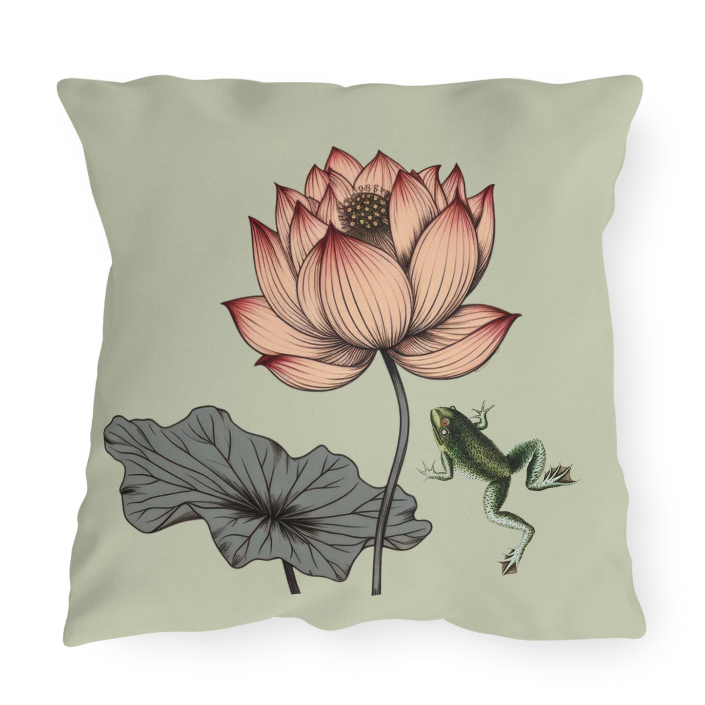 Water Lily and Frog Green Outdoor Pillow