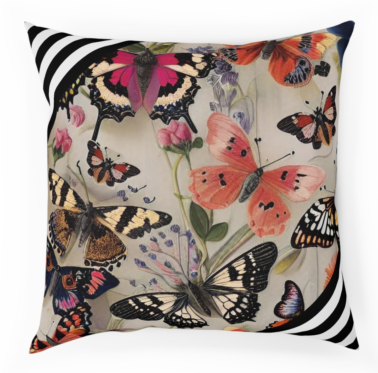 Maximalist Black and White Stripes Butterfly Vintage Style Print Throw Pillow 100% Cotton Cushion Cover