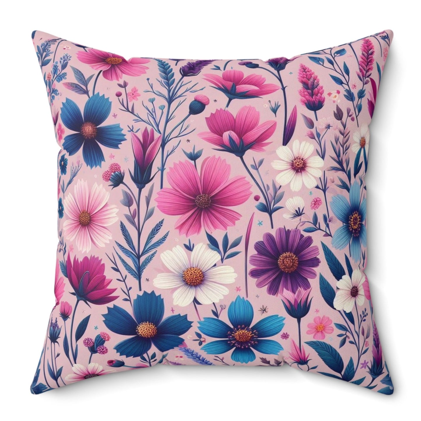 Pink Vintage Floral Throw Pillow Botanical Pink Boho Maximalist Style Polyester Cushion Square Cover