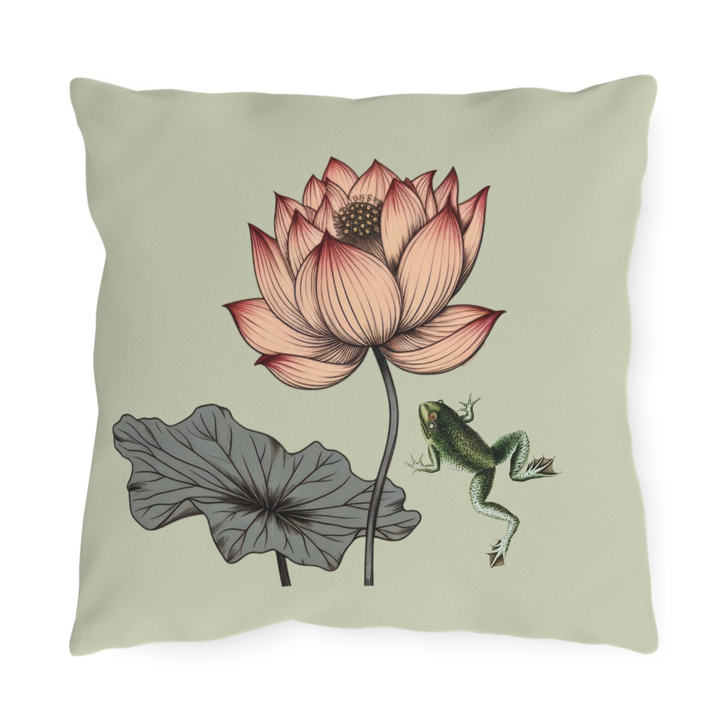 Water Lily and Frog Green Outdoor Pillow