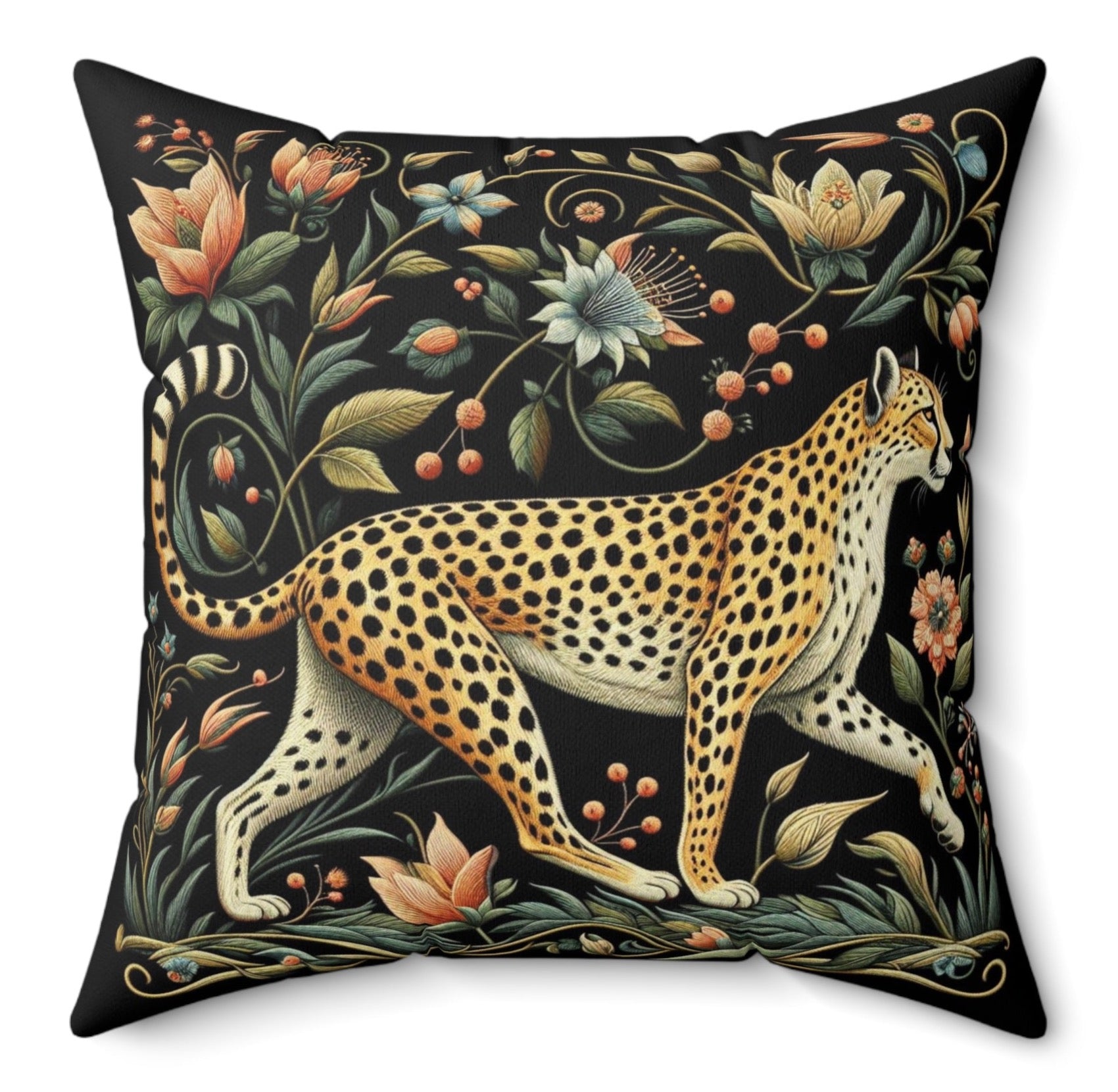 Eclectic Vintage Botanical Floral Cheetah Maximalist Throw Pillow Polyester Decorative Cushion Square Cover