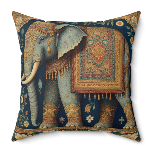 Floral Gold Maximalist Boho Elephant Vintage Mughal Miniature Indian Folk Painting Aesthetic Cushion Throw Pillow Polyester Square Cover