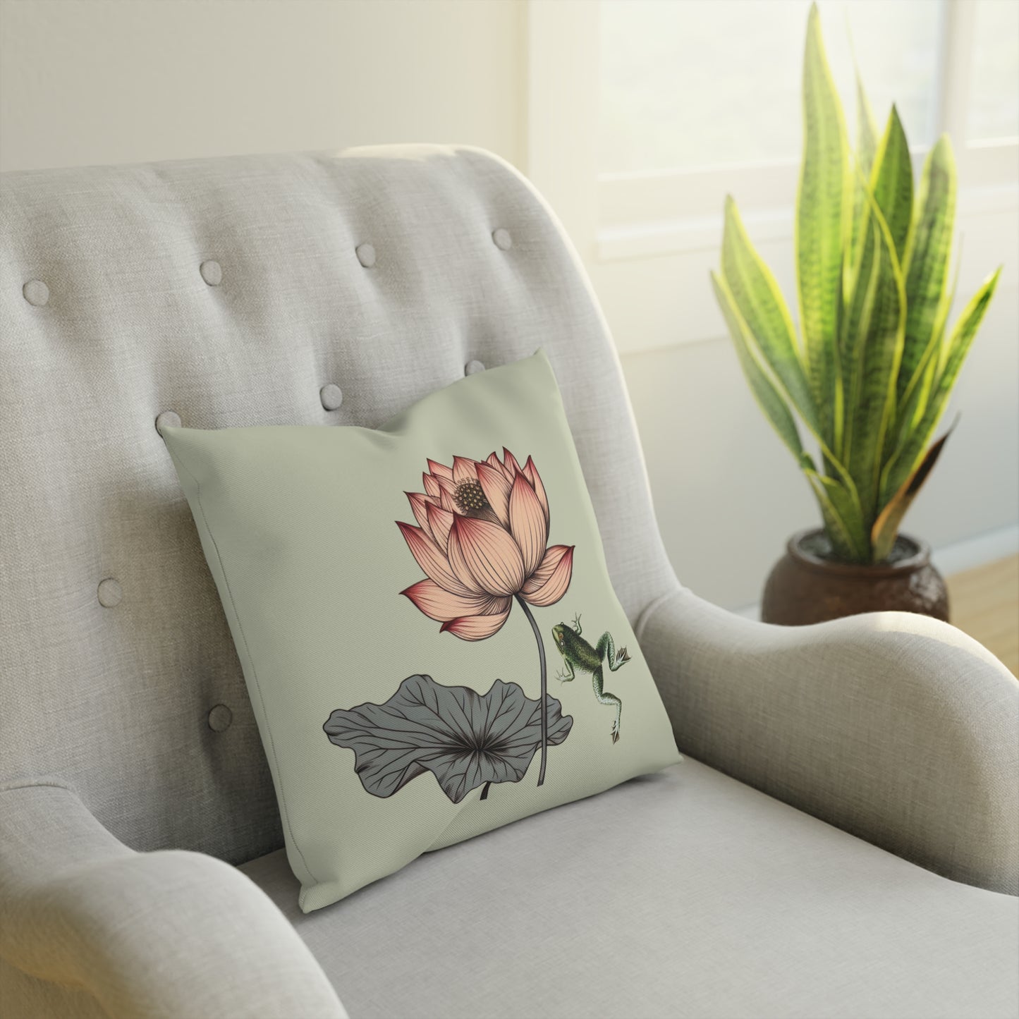 Water Lily and Frog Green Cushion