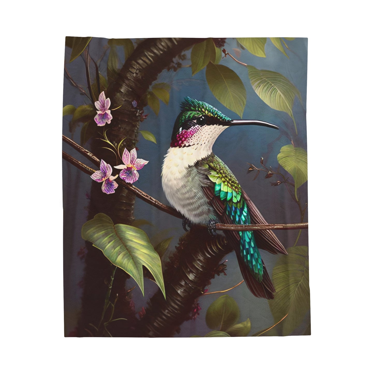 Vintage Tropical Botanical Hummingbird Velveteen Plush Blanket Maximalist Bohemian Throw