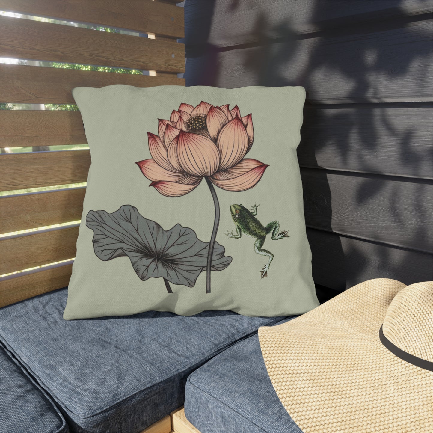 Water Lily and Frog Green Outdoor Pillow