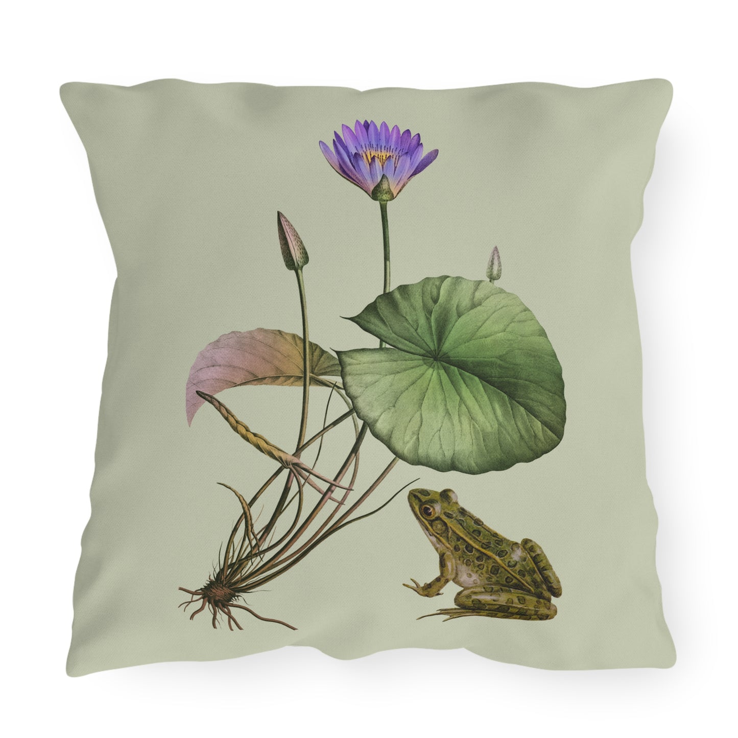 Frog and Water Lily Green Outdoor Pillow