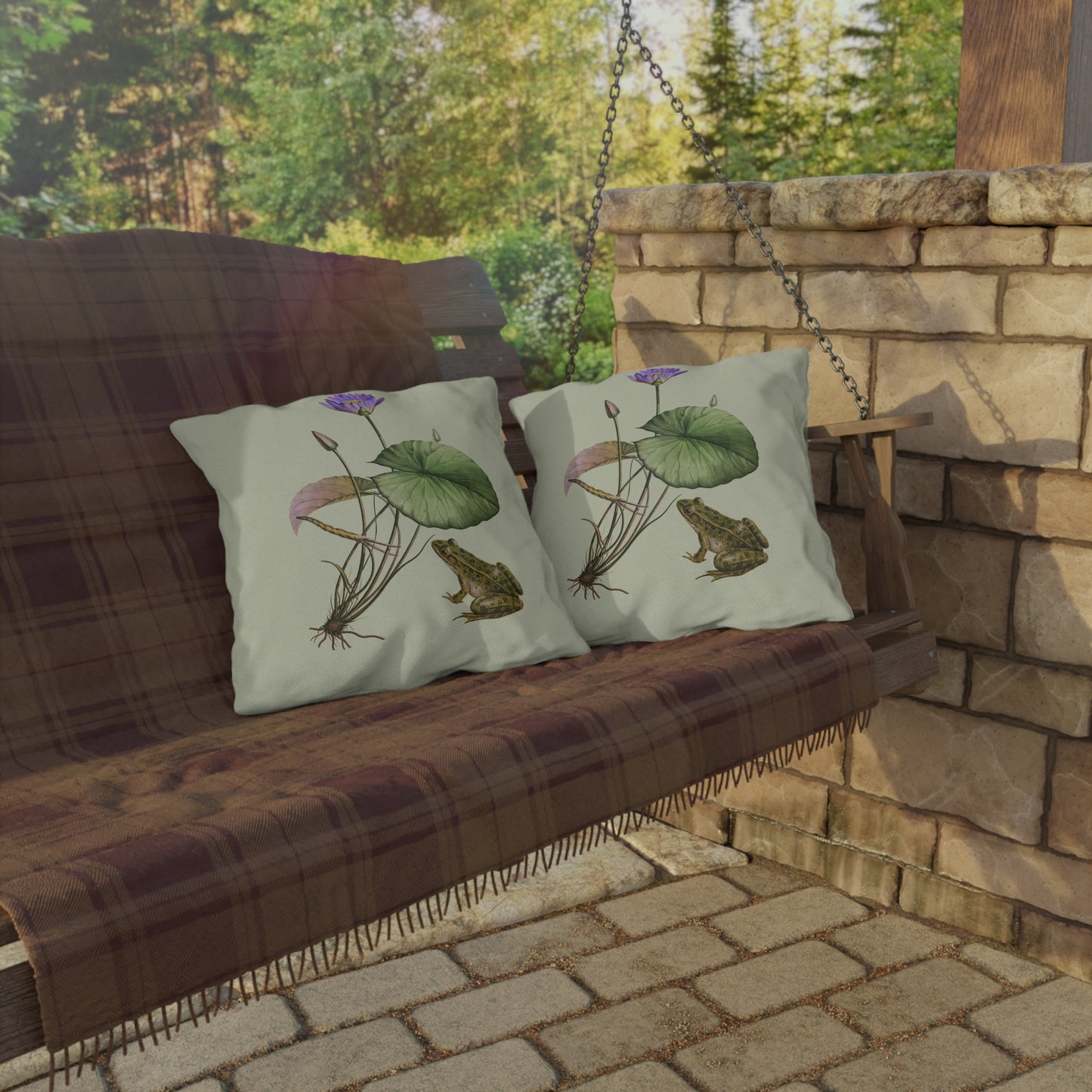 Frog and Water Lily Green Outdoor Pillow