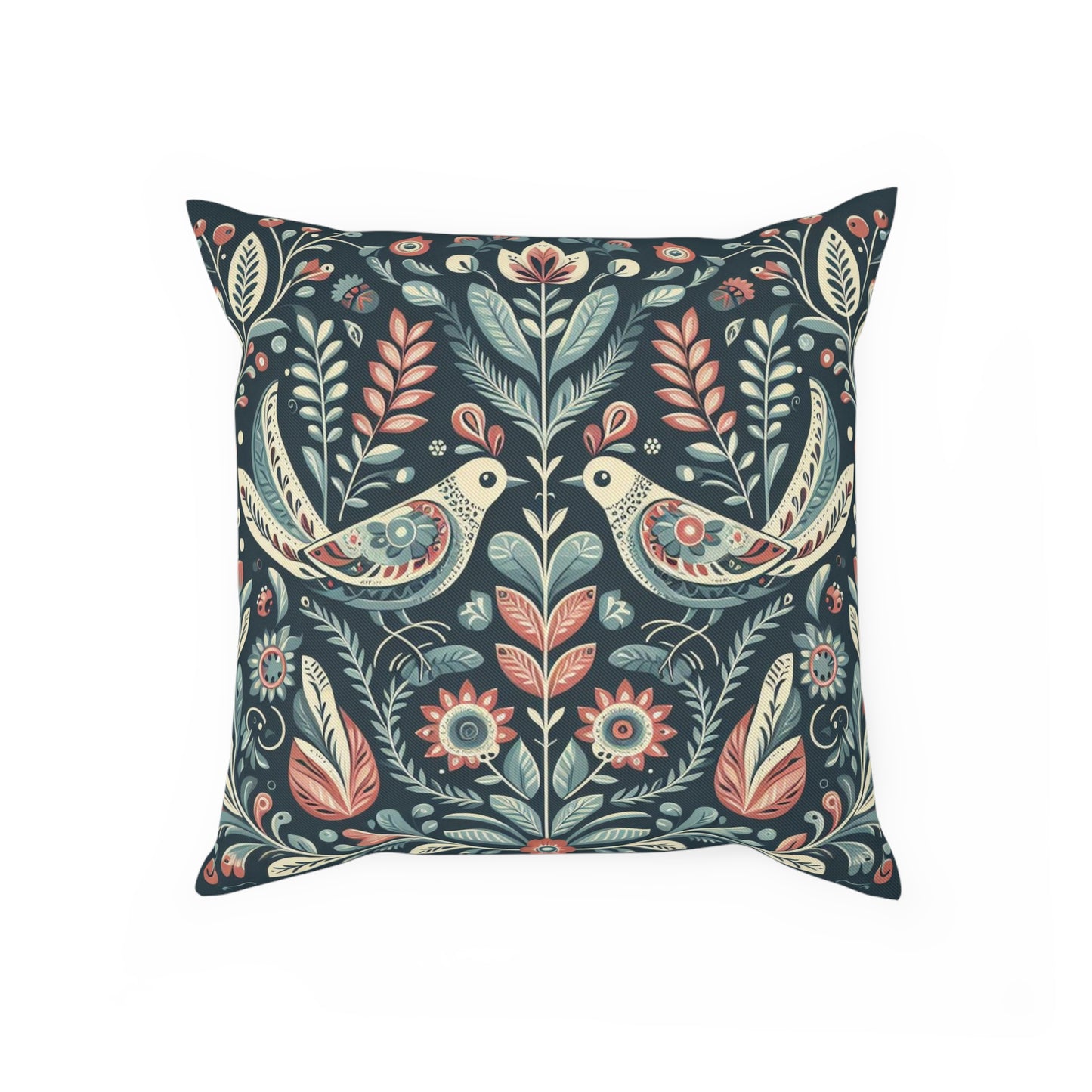 Blue Pink Birds Scandinavian Folk Art Cushion