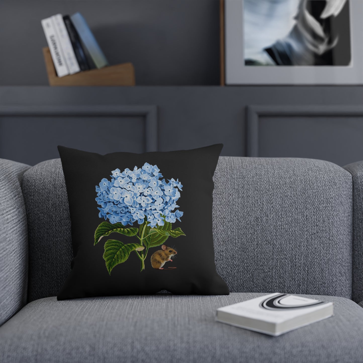 Blue Hydrangea Mouse Black Cushion