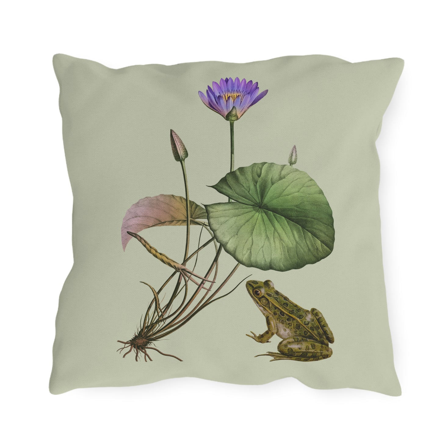 Frog and Water Lily Green Outdoor Pillow