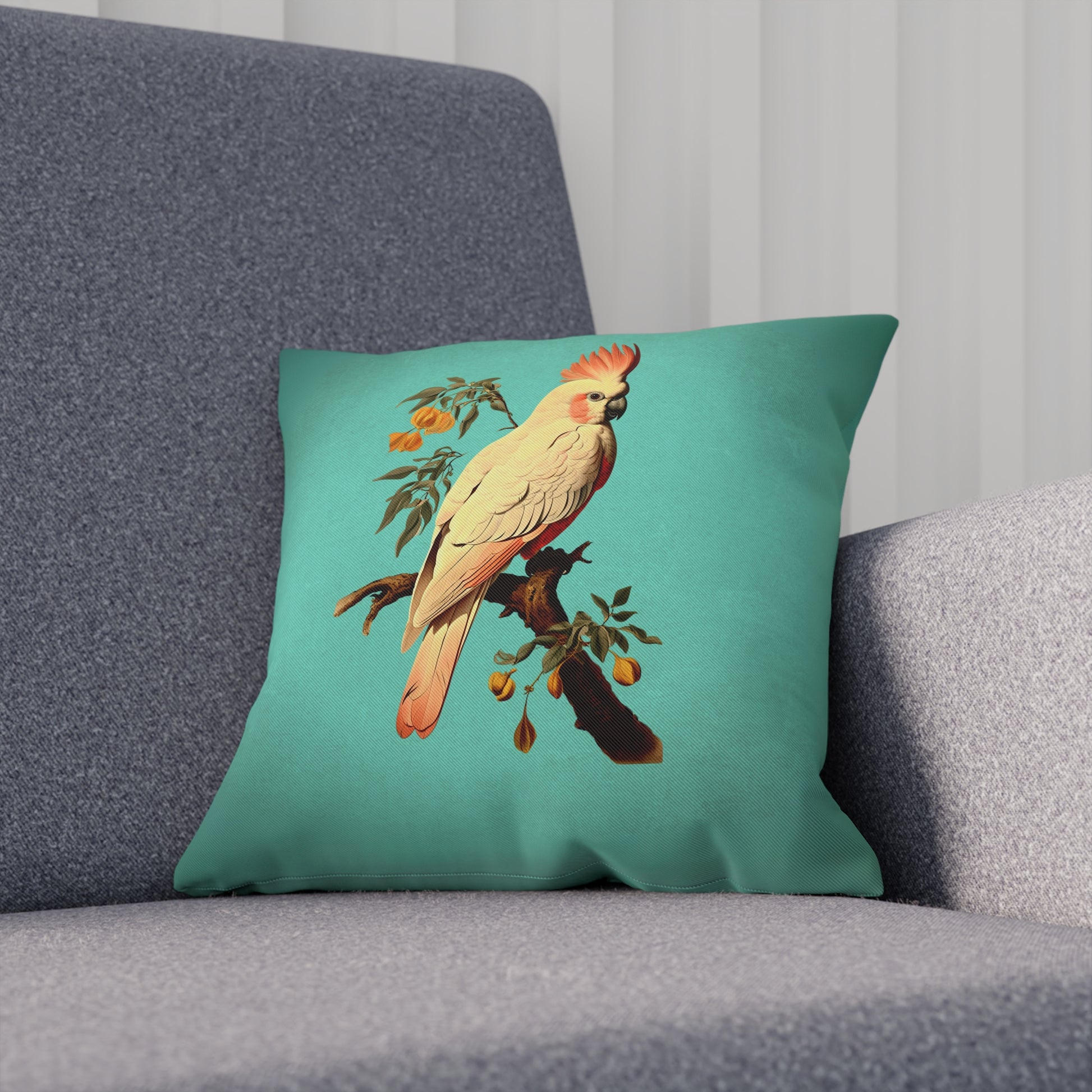 Turquoise Cockatoo Vintage Botanical Tropical Maximalist Eclectic Throw Pillow 100% Cotton Cushion Cover