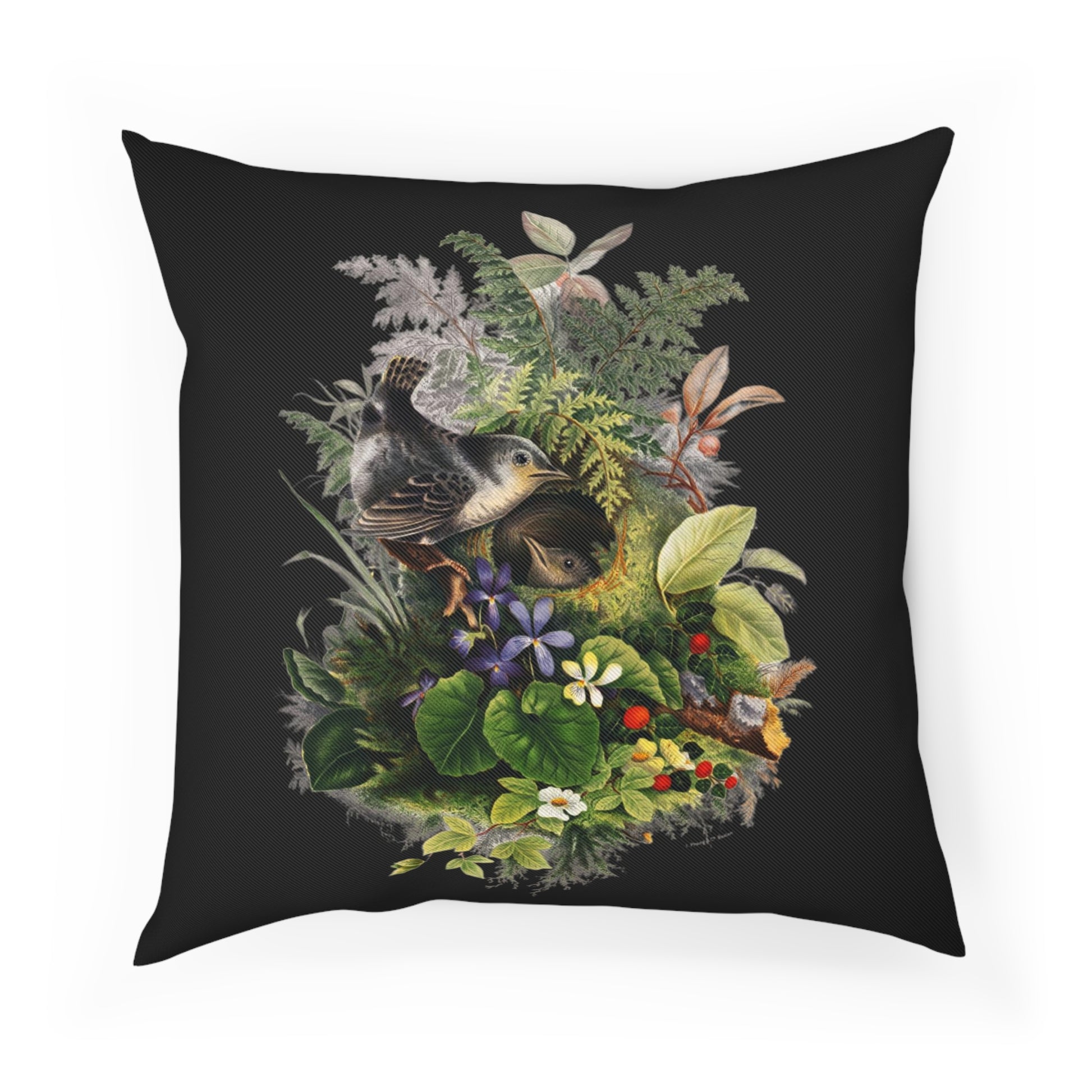 Birds Olive E Whitney Blue Black Vintage Floral Cushion 100% Cotton Throw Pillow Cover