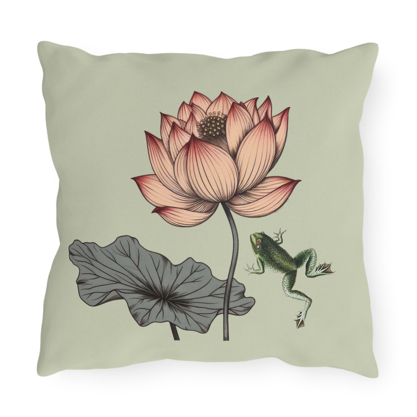 Water Lily and Frog Green Outdoor Pillow