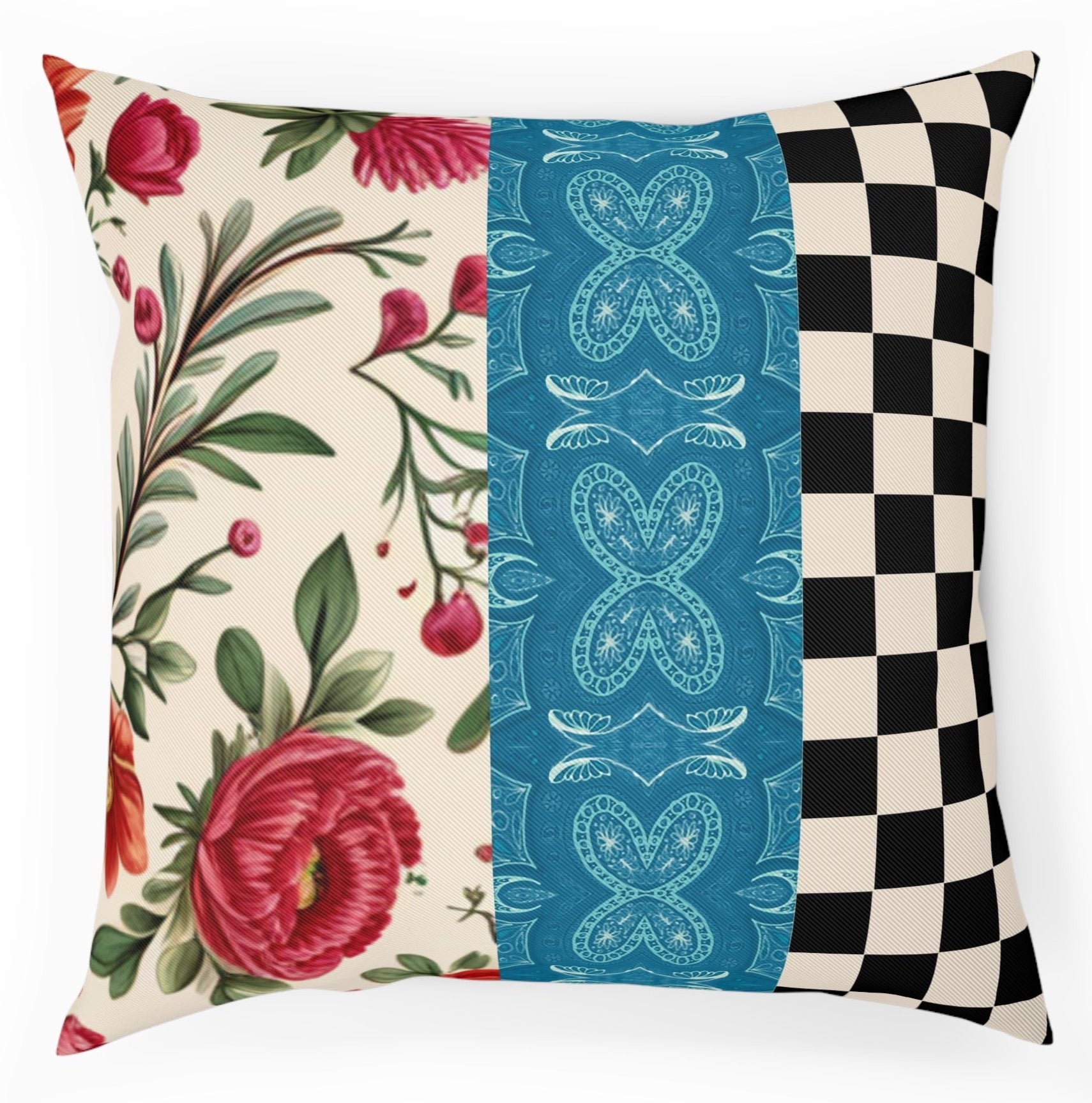 Red Floral Checkered Maximalist Vintage Style Throw Pillow 100% Cotton Cushion Cover