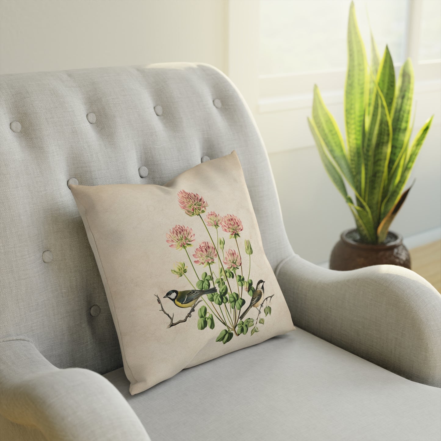 Pink Clover and Garden Birds Cushion