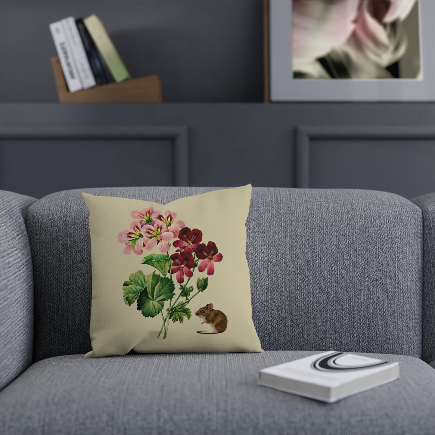 Geraniums and Mouse Cotton Cushion