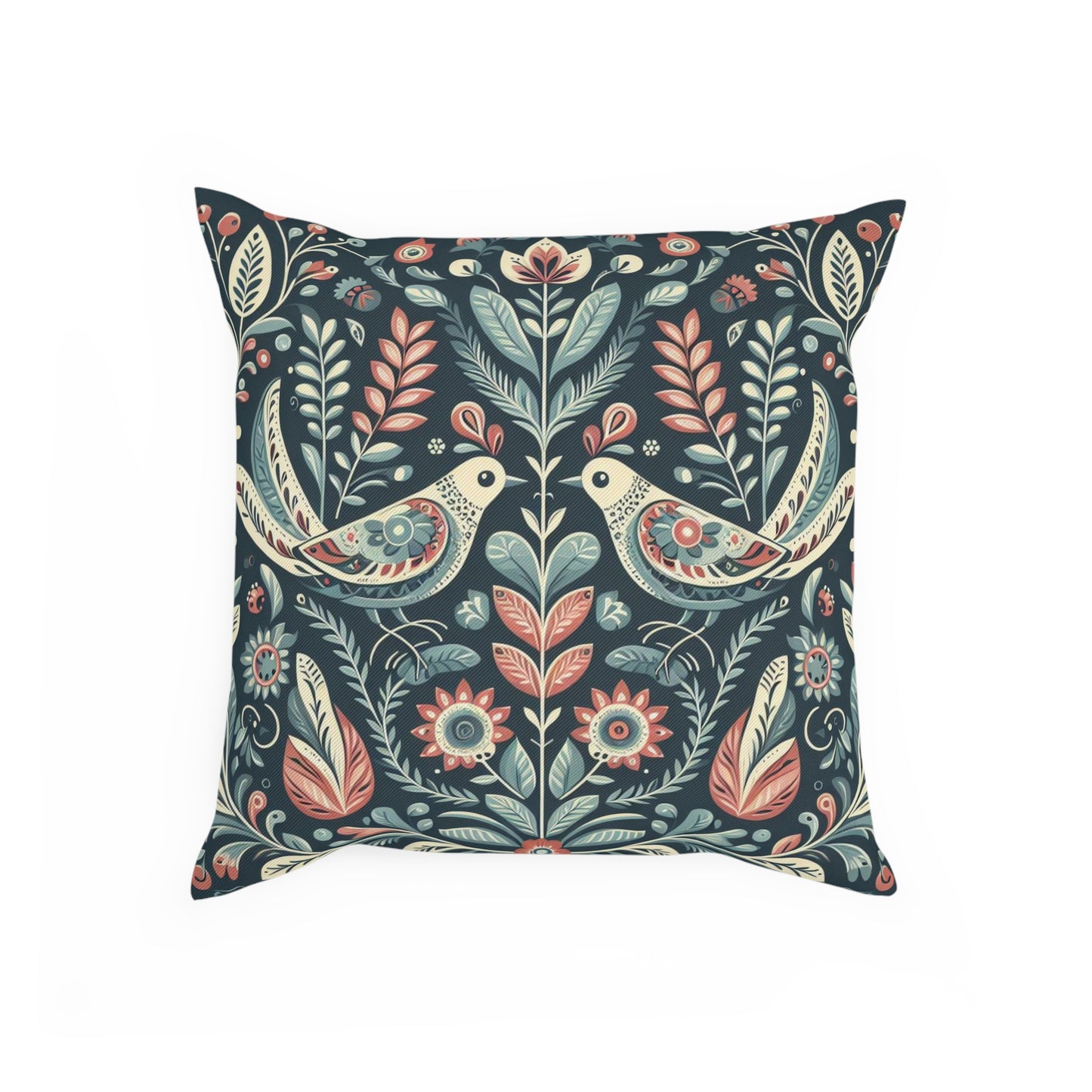 Blue Pink Birds Scandinavian Folk Art Cushion