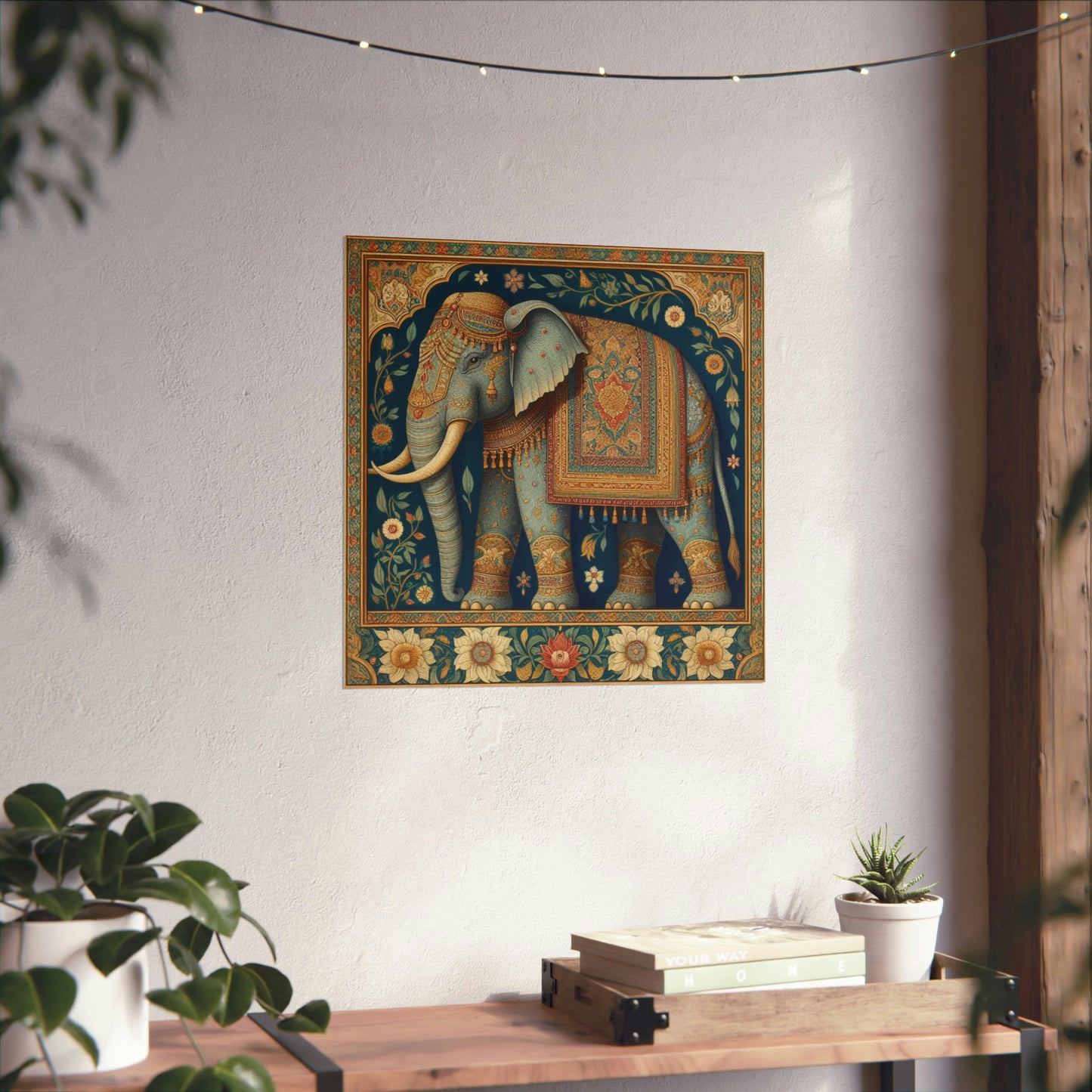 Floral Gold Elephant Mughal Miniature Art Poster