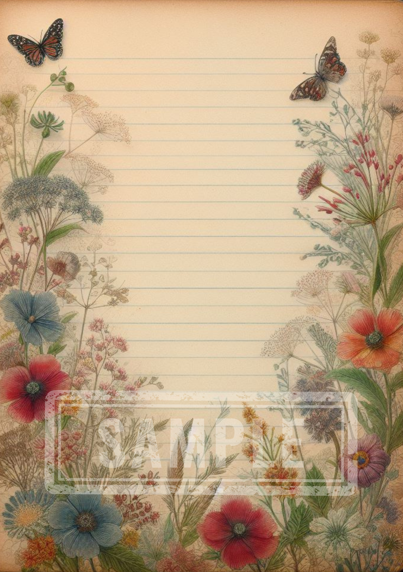 DIGITAL Vintage Botanical Printable A5 Lined Notepaper BND0002