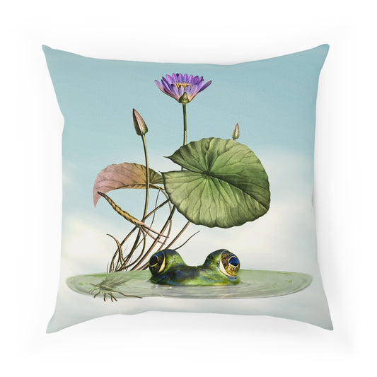 Frog and Water Lily Vintage Botanical Cushion 100% Cotton Throw Pillow Cover