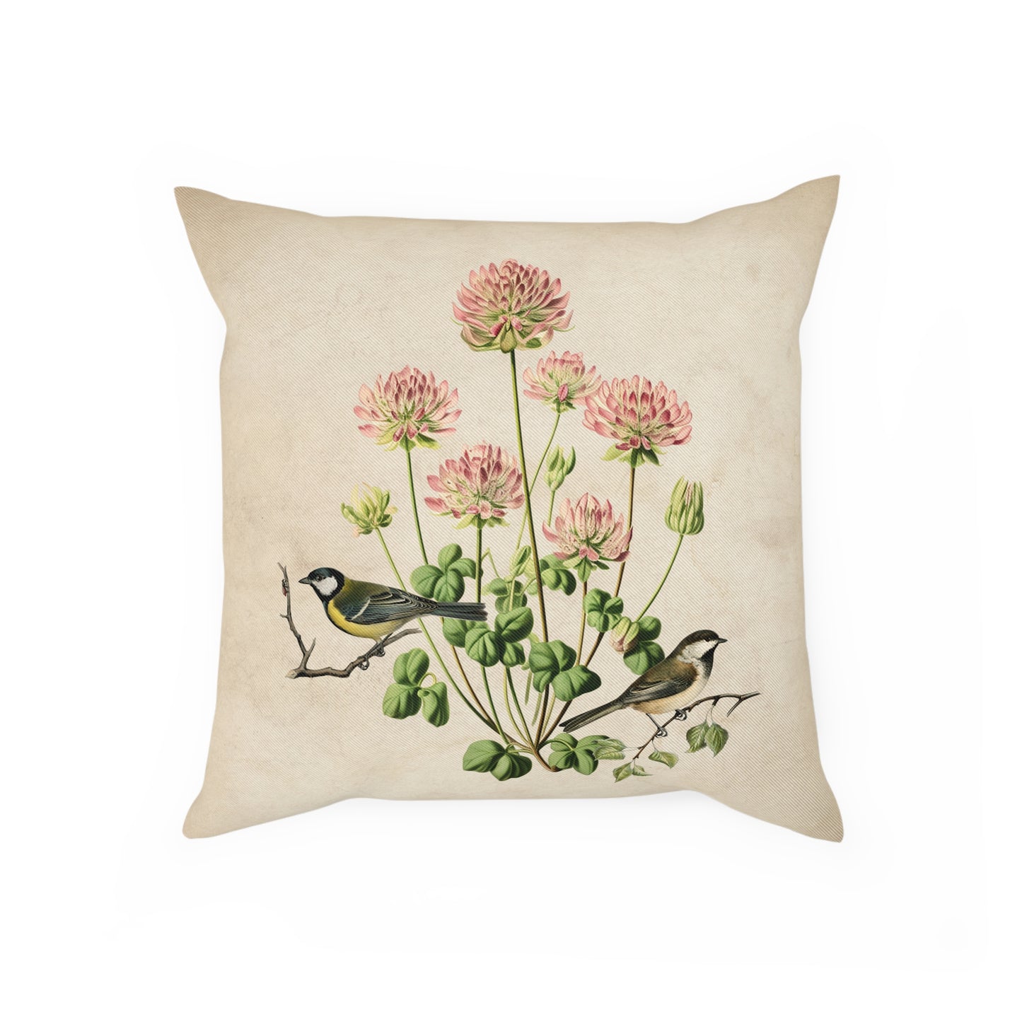 Pink Clover and Garden Birds Cushion