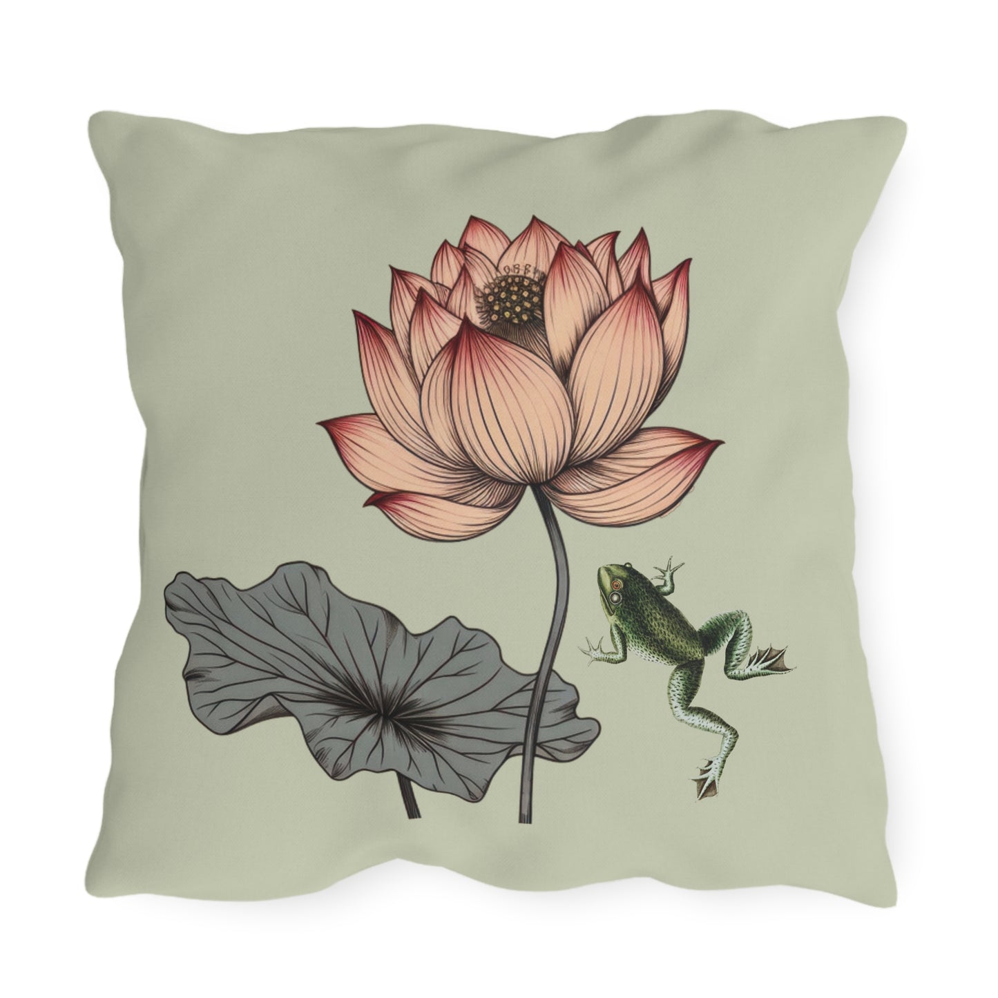 Water Lily and Frog Green Outdoor Pillow