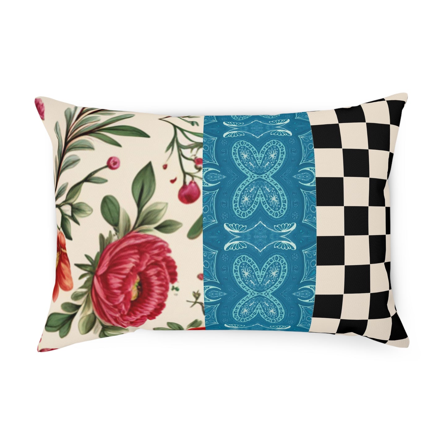 Maximalist Red Floral Checkered Cushion