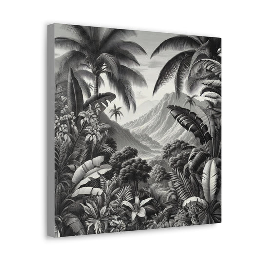 Vintage Botanical Black and White Maximalist Tropical Jungle Canvas Print Wall Art Square Gallery Wrapped