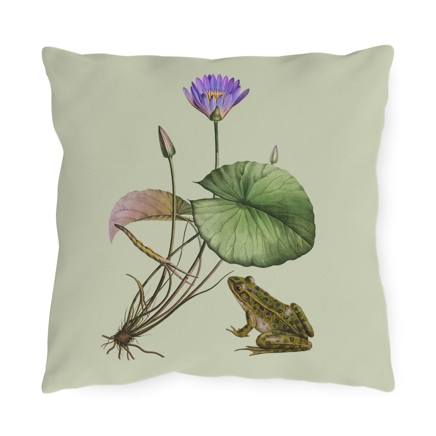 Vintage Botanical Frog and Water Lily Outdoor Cushion Waterproof Green Throw Pillow